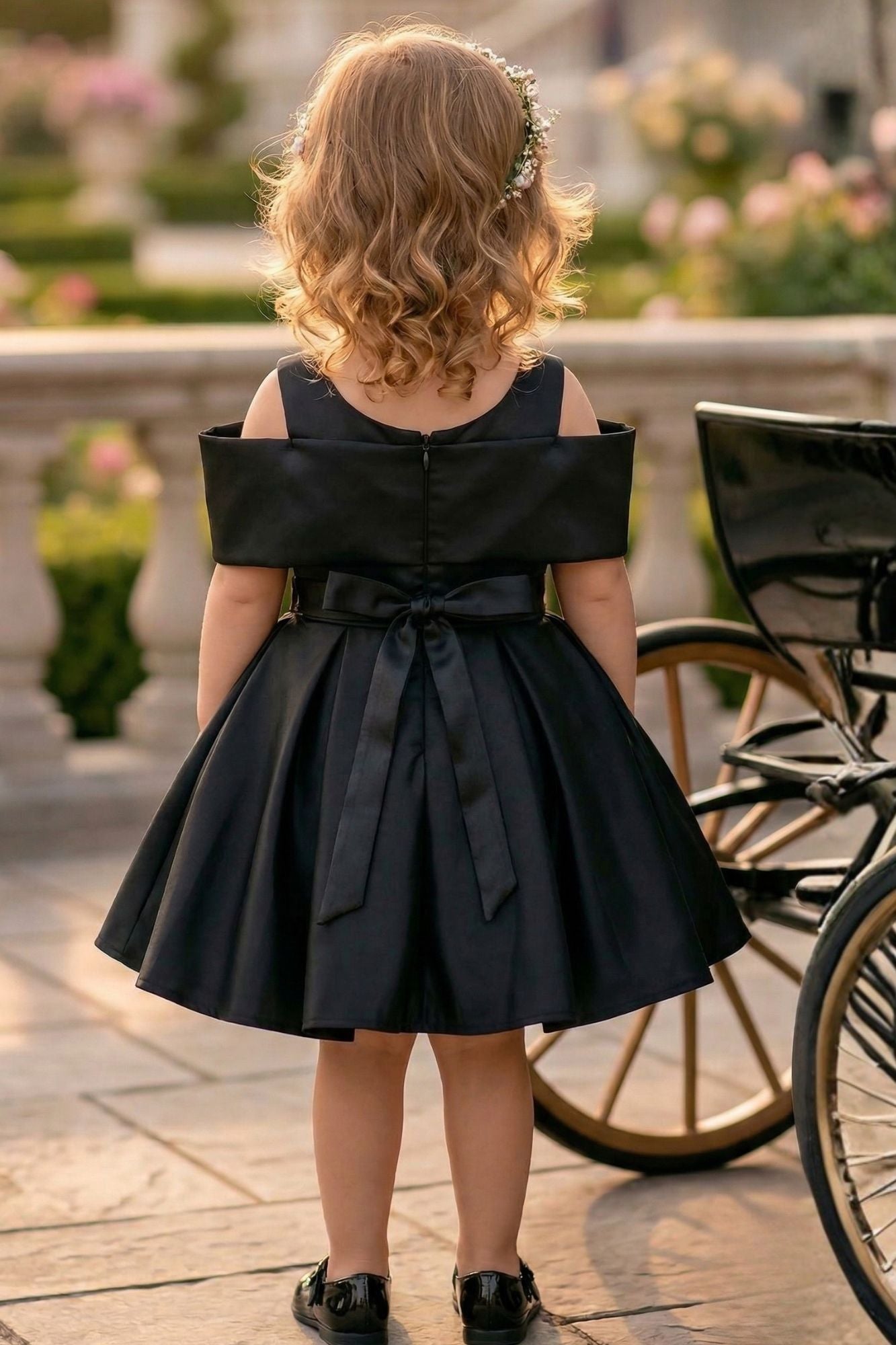 Girls Black Party Wear Dress with 3D Rose Applique