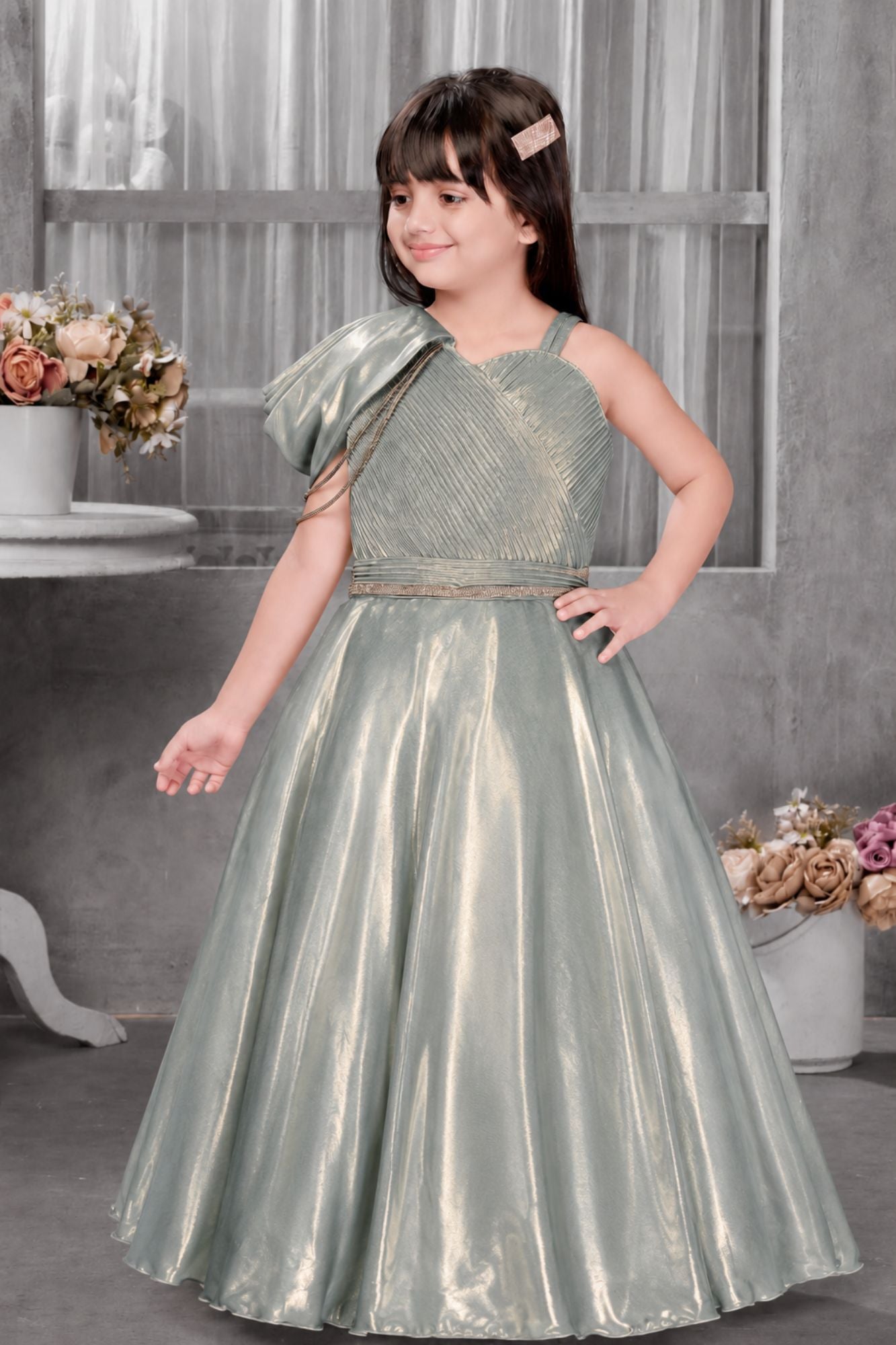 Shimmery Sage Green One-Shoulder Party Wear Gown With Draped Detail For Girls