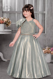 Shimmery Sage Green One-Shoulder Party Wear Gown With Draped Detail For Girls
