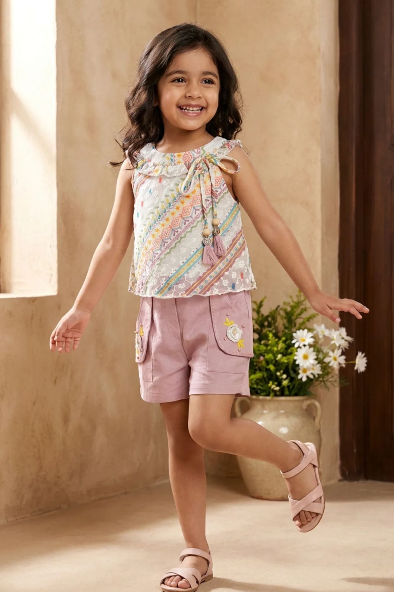 Printed  Multicolor Halter Neck Top with Lilac Shorts Set