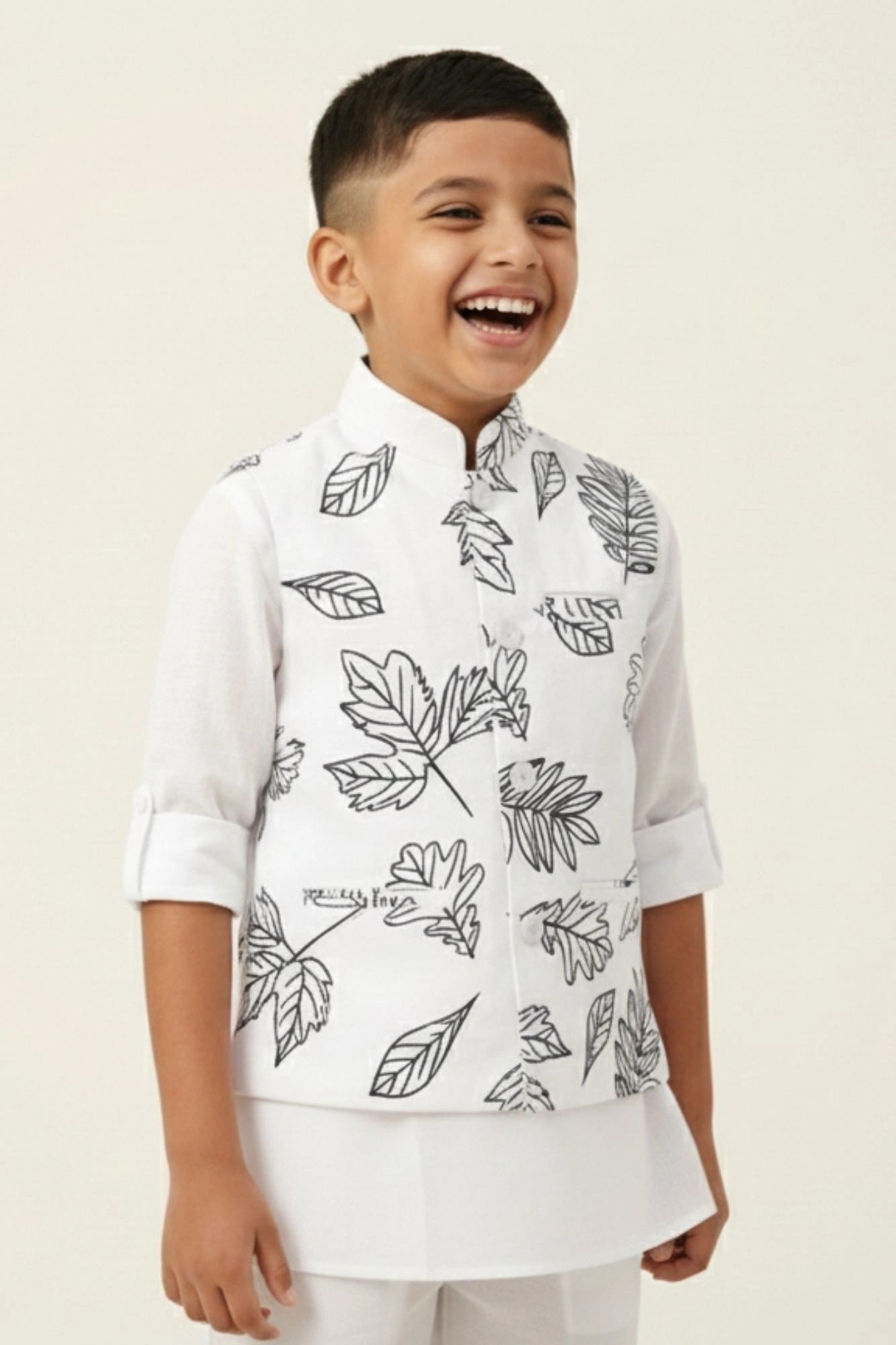 White Leaf Print Waistcoat with Mandarin Collar and Shirt For Boys