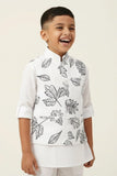 White Leaf Print Waistcoat with Mandarin Collar and Shirt For Boys