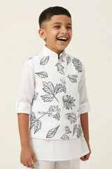 White Leaf Print Waistcoat with Mandarin Collar and Shirt For Boys