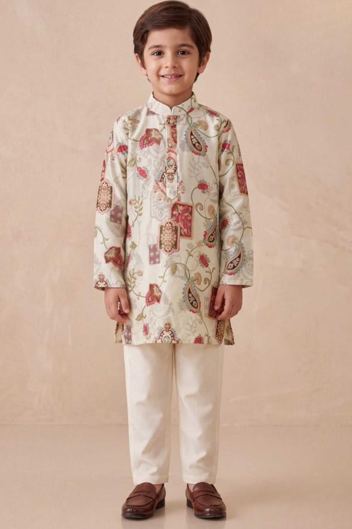 Boys Elegant Cream Paisley Kurta Set