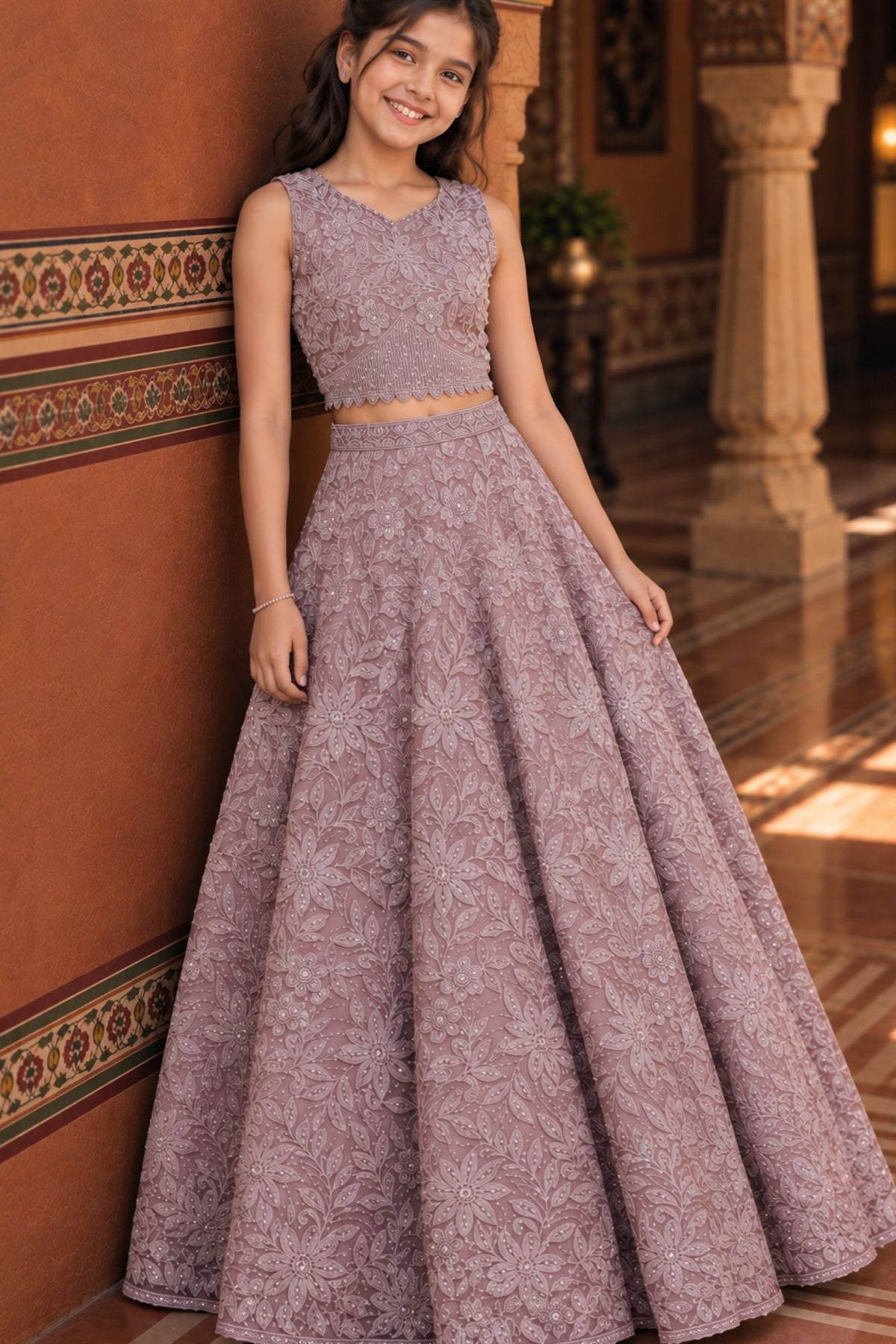 Onion Pink Embroidered Lehenga Choli with Sequin Work for Girls