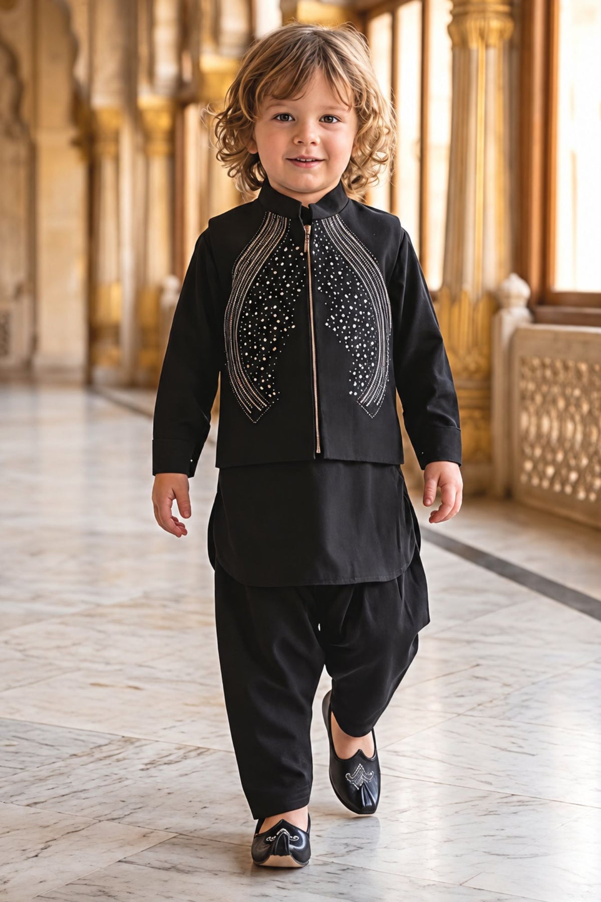 Boys Black With Silver Embellished Jacket Kurta Set With Nehru Jacket