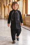 Boys Black With Silver Embellished Jacket Kurta Set With Nehru Jacket