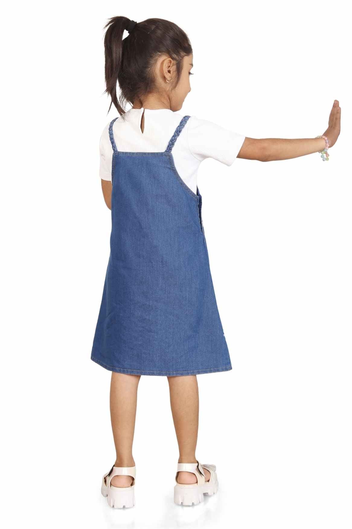 Blue Denim Stylish Dungaree With Floral Embroidery And White T-Shirt Set For Girls