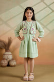 Pastel Green Textured Dress with Embroidered Vest and Tassel Tie-Up For Girls