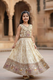 Cream Embroidered Lehenga Choli with Royal Elephant & Peacock Motif Border For Girls