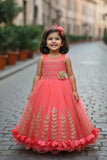 Tomato Net Embellished Gown For Girls