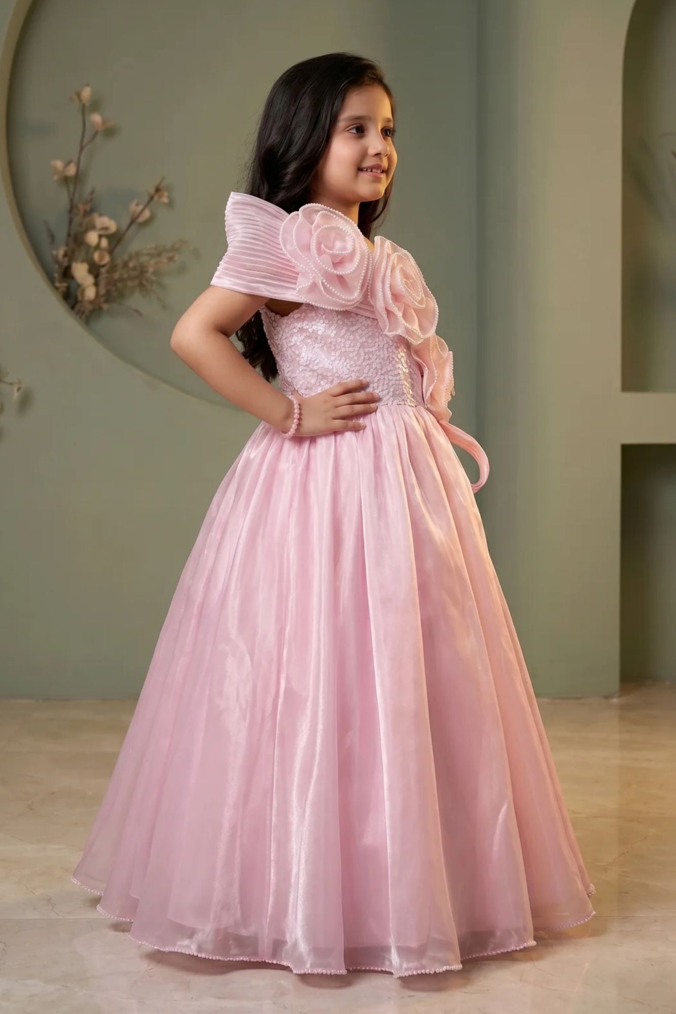 Girls Baby Pink One-Shoulder Party Gown with 3D Floral Ruffles