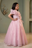 Girls Baby Pink One-Shoulder Party Gown with 3D Floral Ruffles