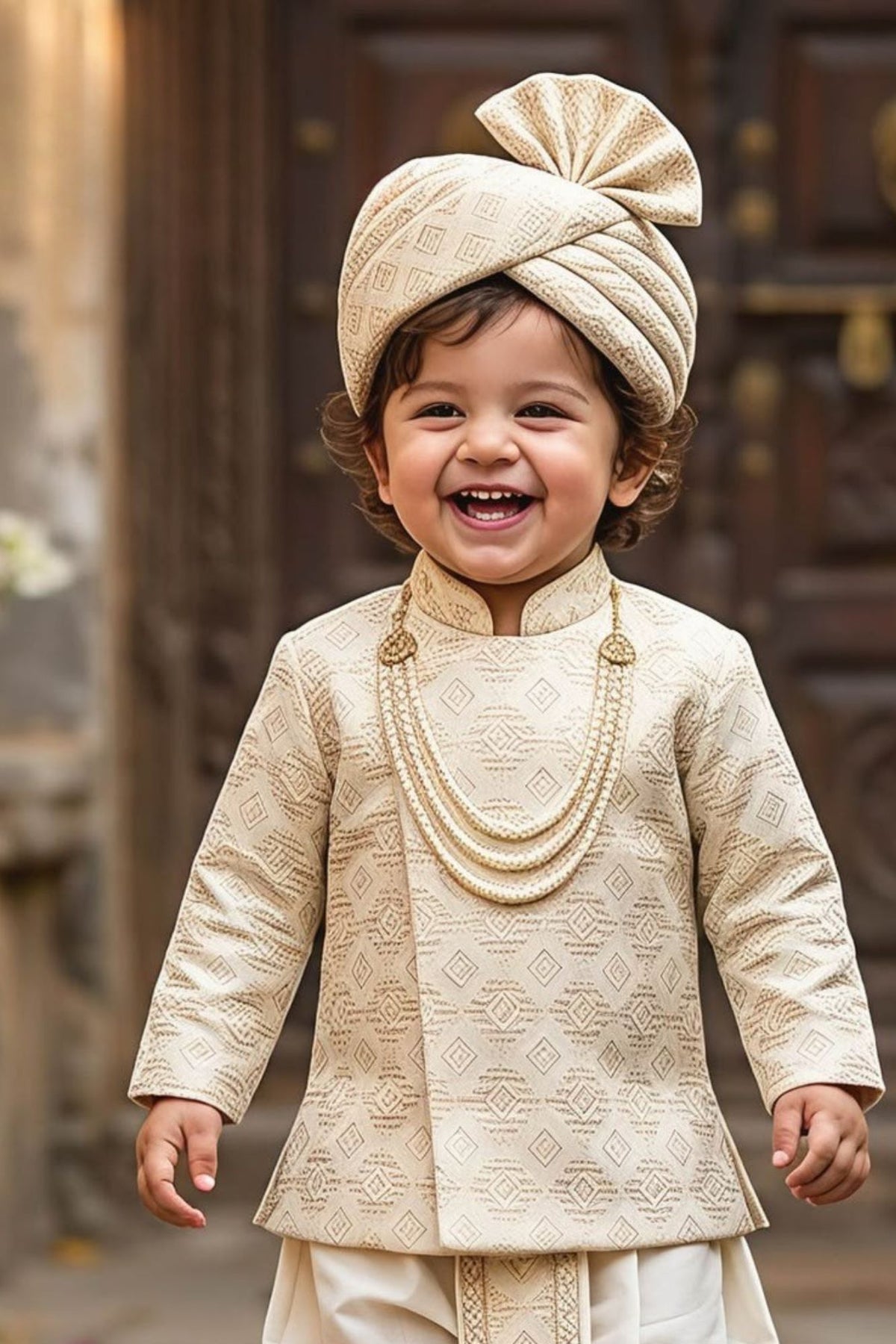 Royal Boys Ivory Gold Woven Sherwani Dhoti Set With Sequin Embroidey