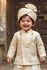 Royal Boys Ivory Gold Woven Sherwani Dhoti Set With Sequin Embroidey
