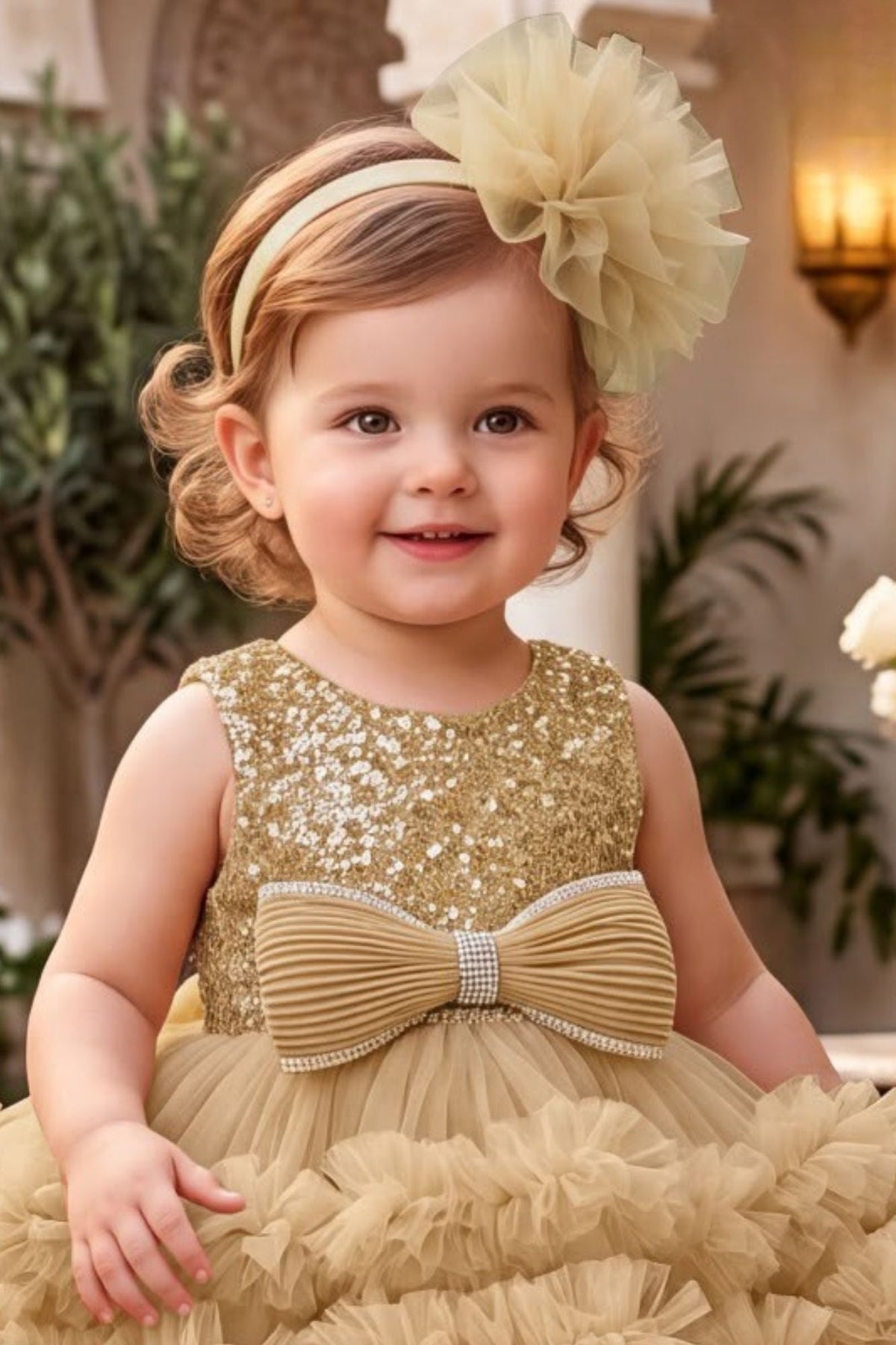 Girls Fawn Sequin High-Low Party Wear Frock