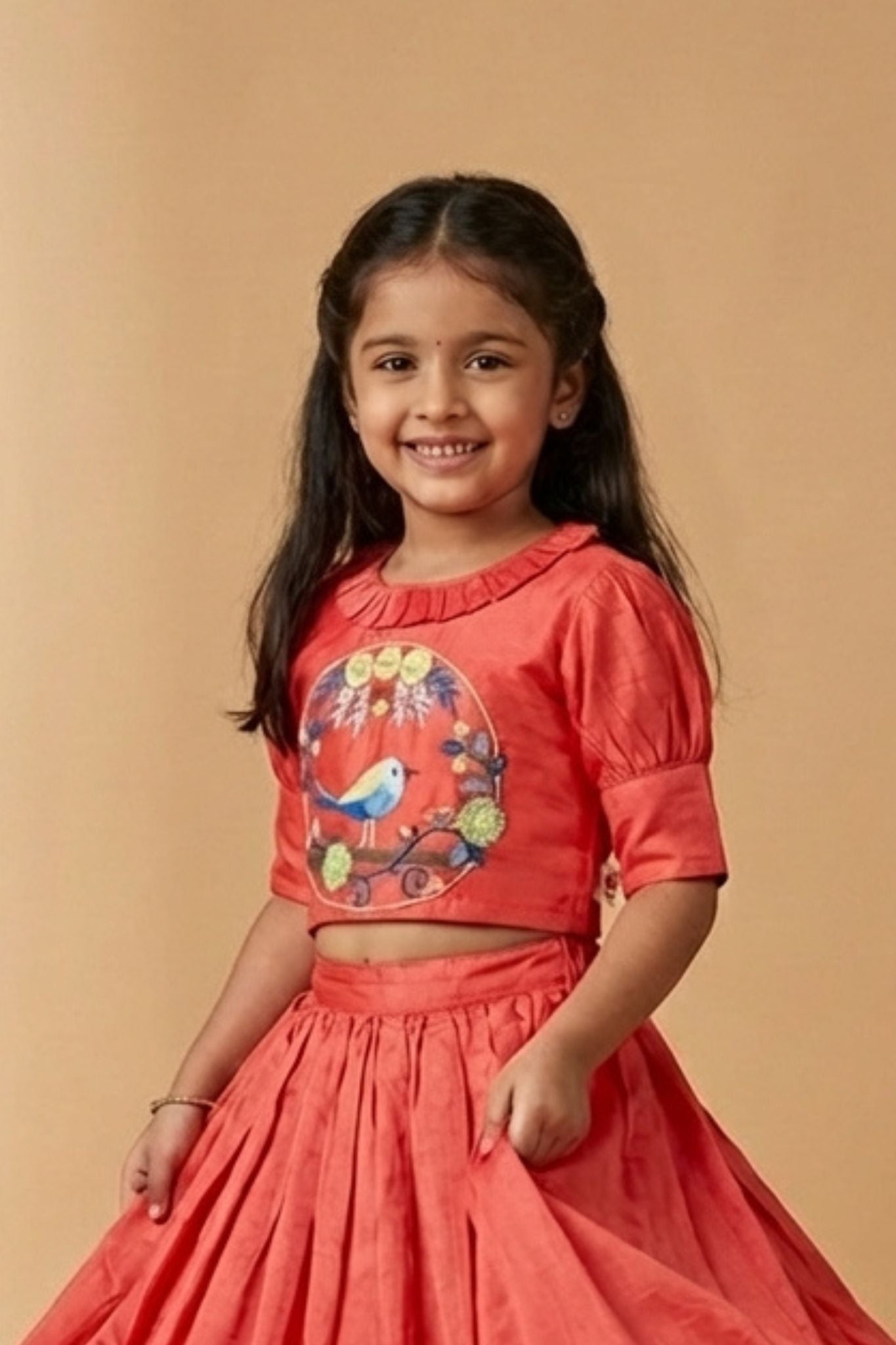 Coral Bird Embroidered Lehenga Choli Set For Girls