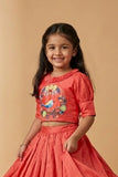 Coral Bird Embroidered Lehenga Choli Set For Girls