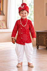 Boys Elegant Red Bandhani-Style Dhoti Set