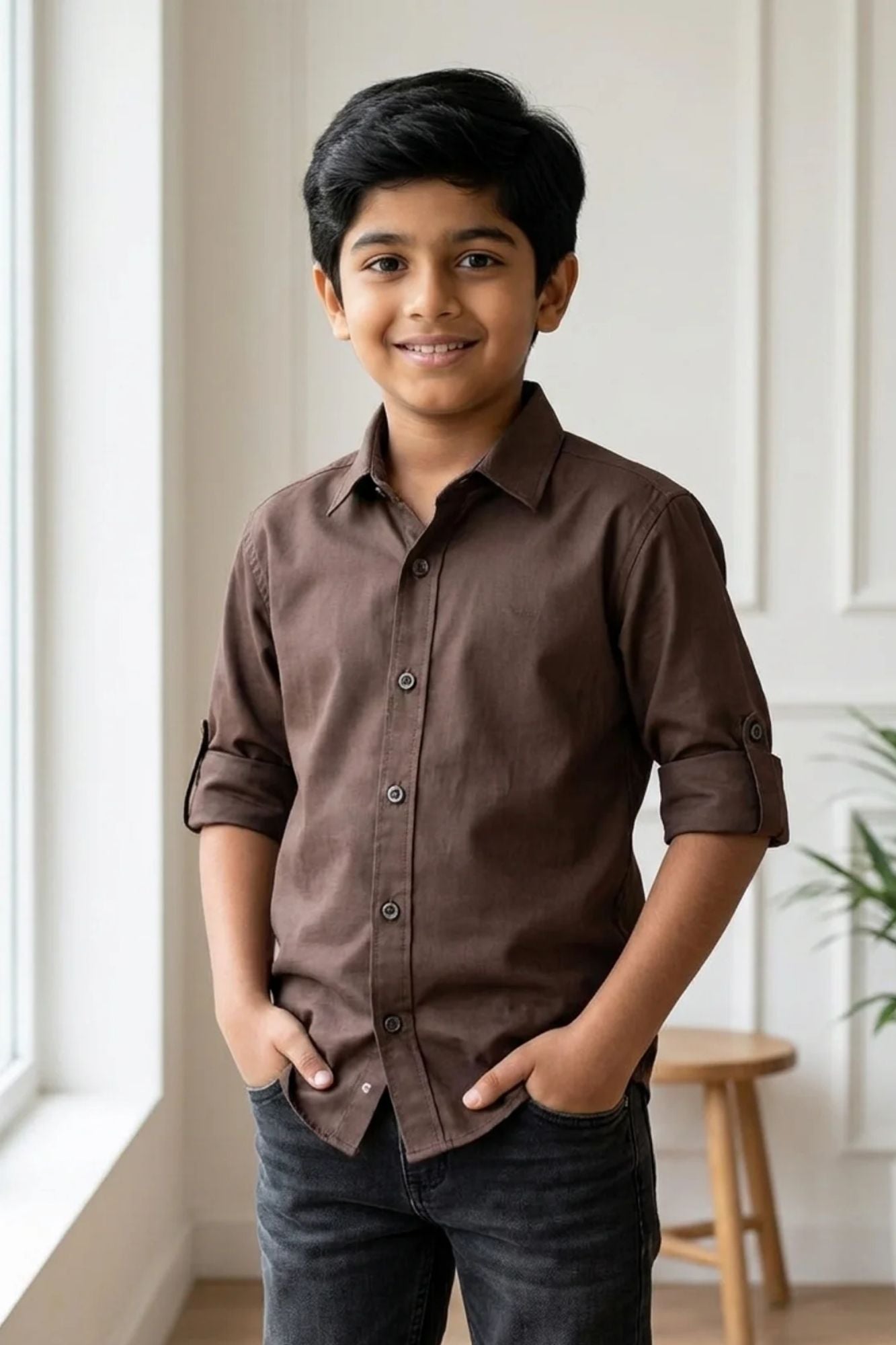 Boys Brown Solid Casual Shirt with Classic Collar
