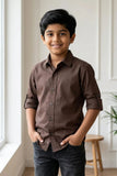 Boys Brown Solid Casual Shirt with Classic Collar