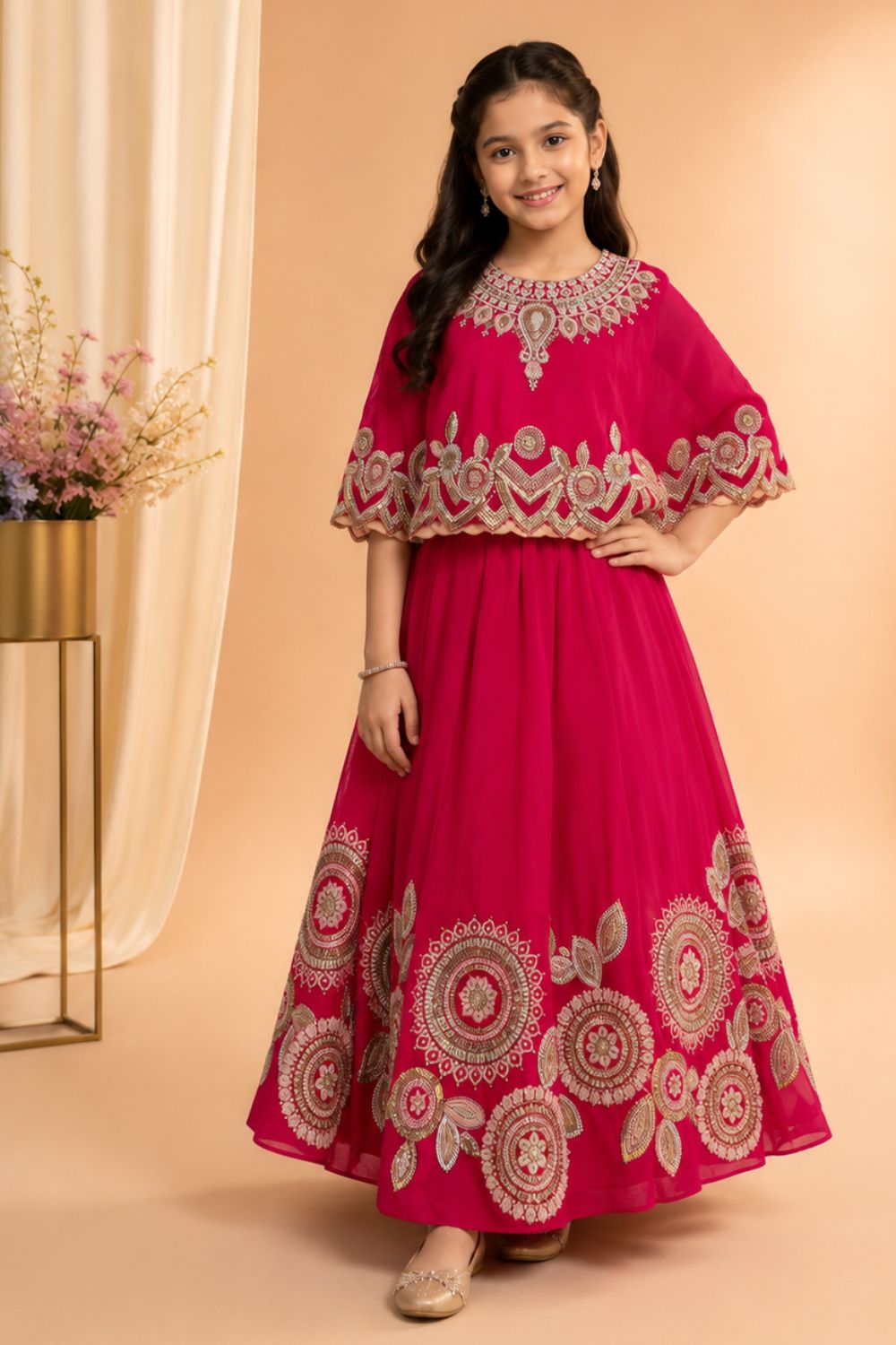 Designer Rani Pink Lehenga Choli with Embroidered Cape For Girls