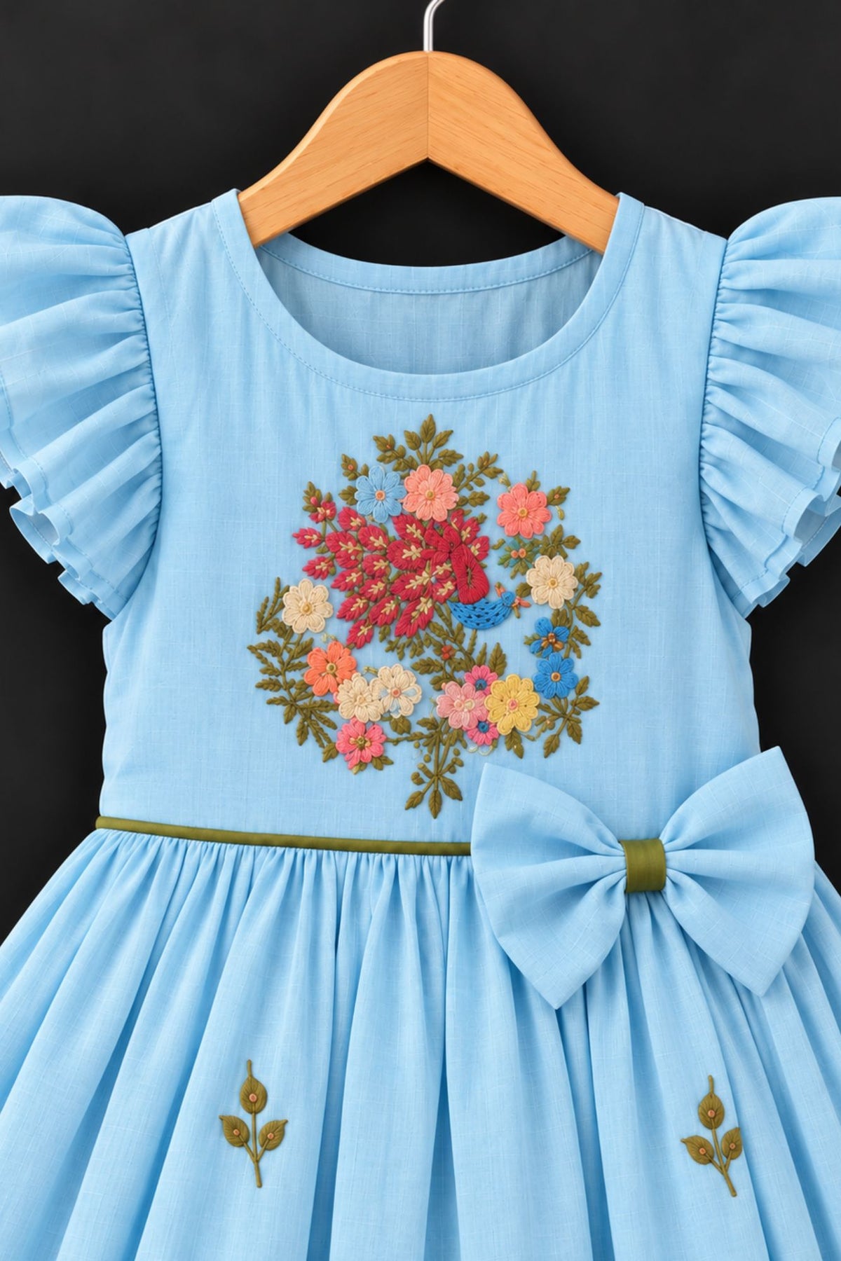 Sky Blue Floral Embroidered Ruffle Sleeve Flared Dress For Girls