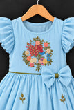 Sky Blue Floral Embroidered Ruffle Sleeve Flared Dress For Girls