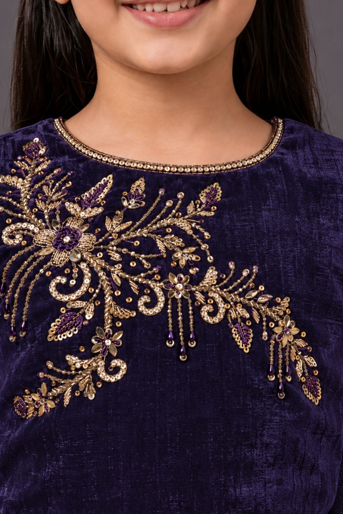 Girls Purple Embroidered Pre-Stitched Drape Saree Set