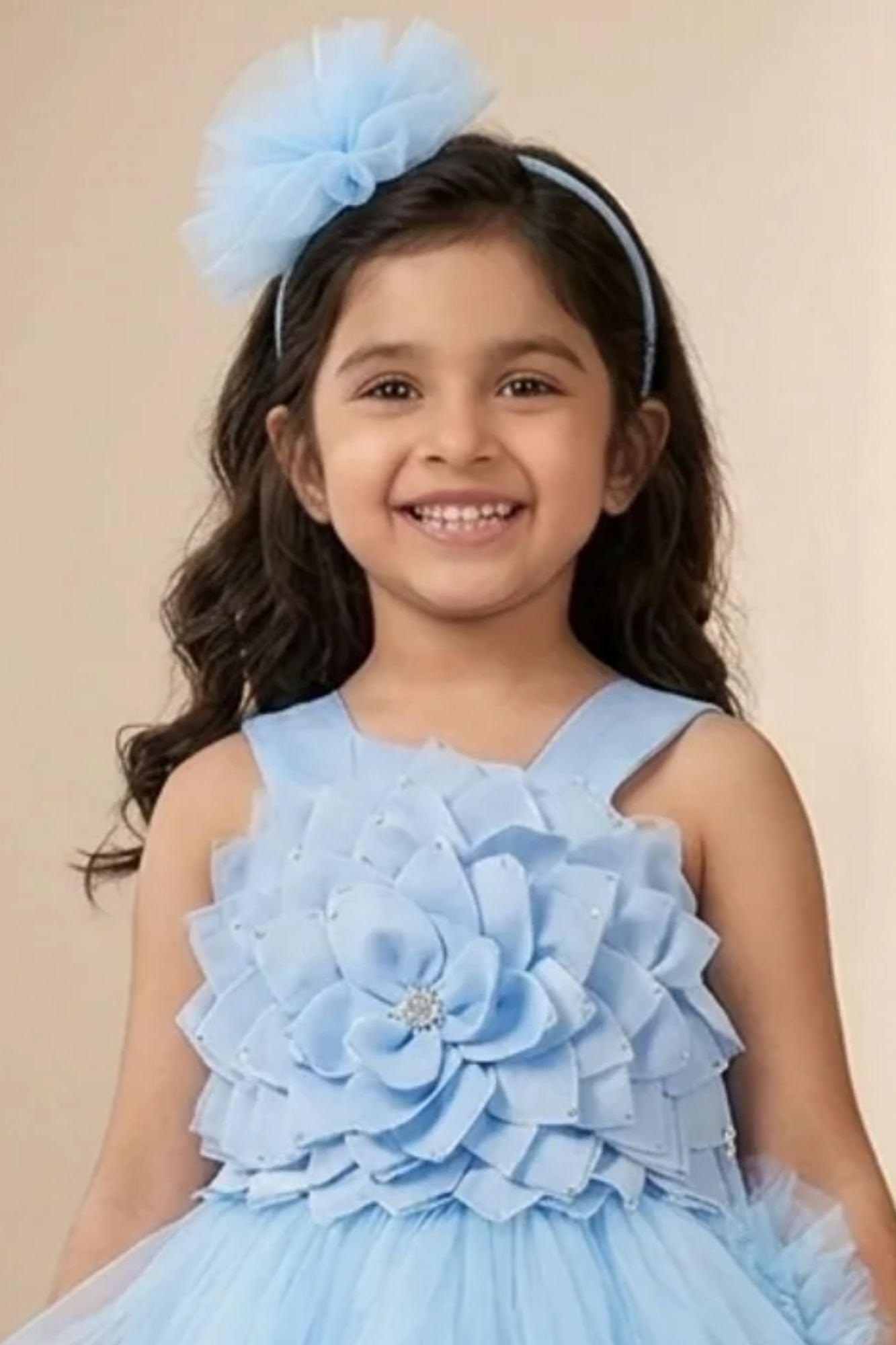 Blue High-Low Party Wear Tulle Frock With Flower Embellishment For Girls