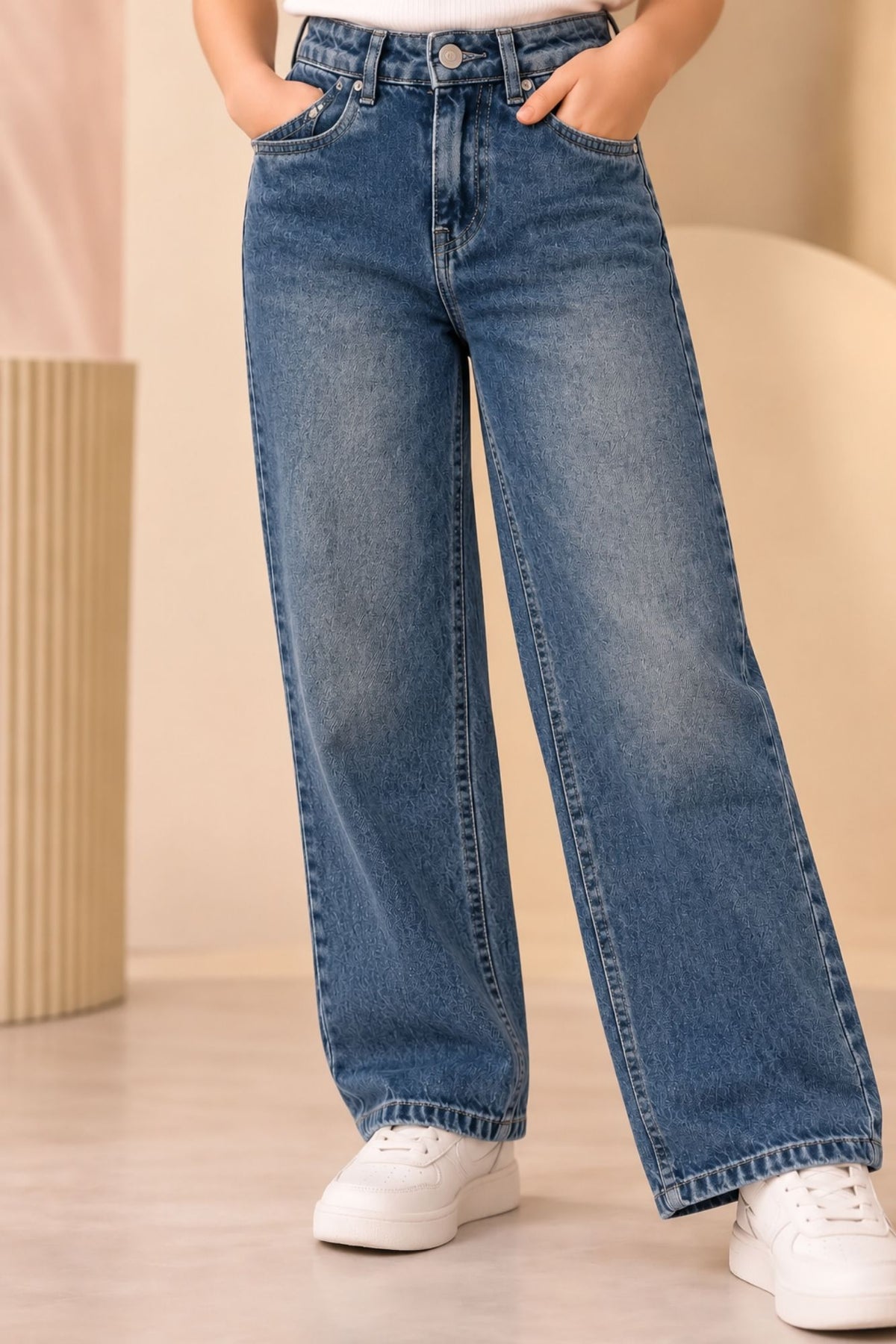 Girls Slate Blue Faded Wash Straight Fit Denim Jeans