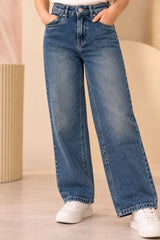 Girls Slate Blue Faded Wash Straight Fit Denim Jeans