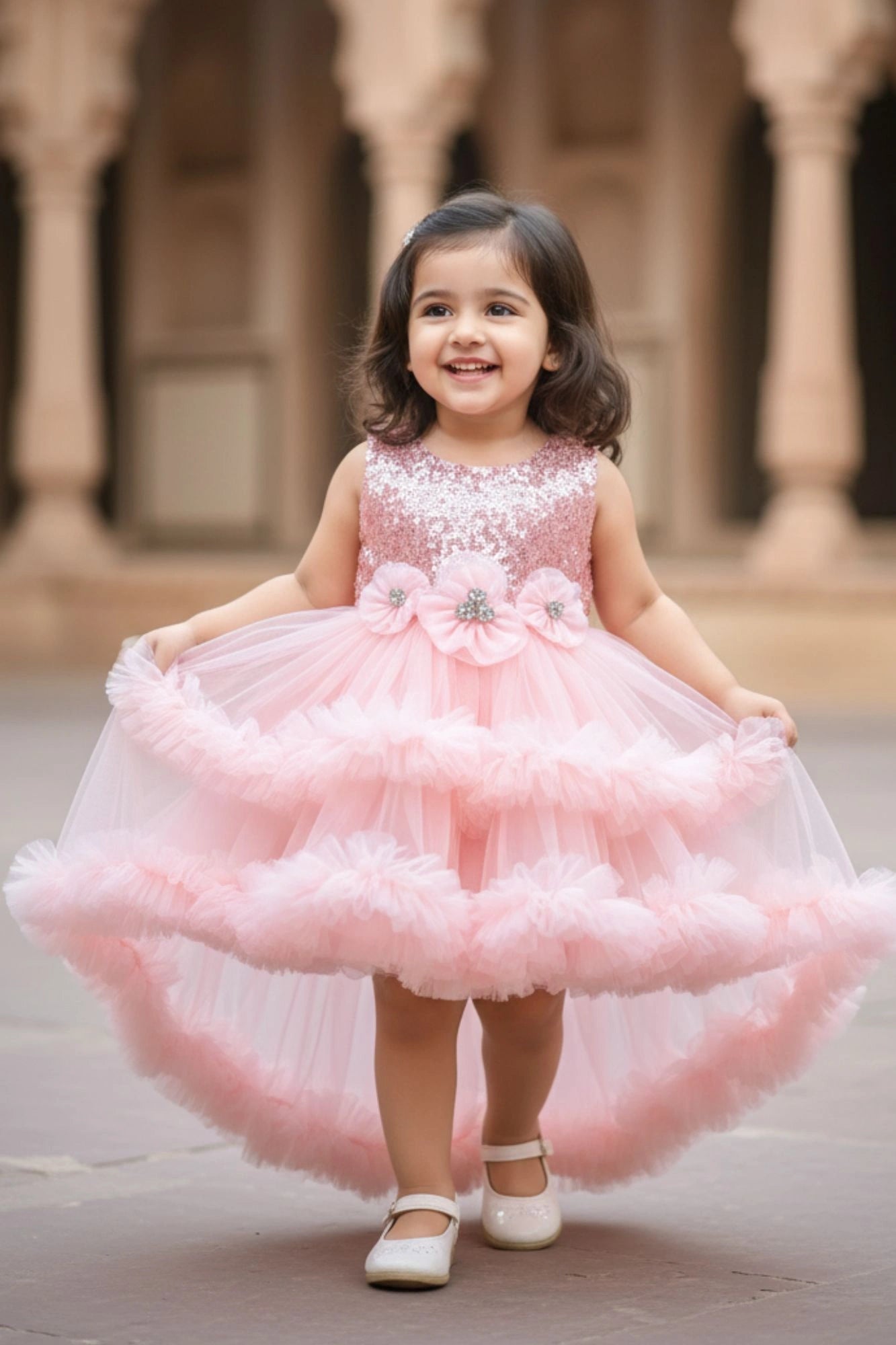 Peach Sequin Bodice High-Low Party Frock with Ruffle Layers For Girls