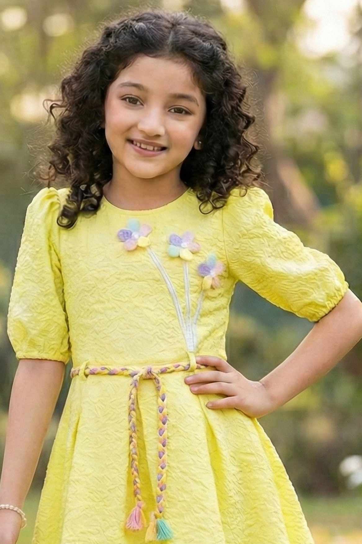 Lemon Yellow Puff Sleeve Casual Frock with Rainbow Belt & 3D Floral Appliqué For Girls
