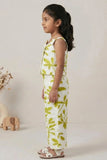 Girls White And Green Floral Printed Co-Ord Set with Sleeveless Bow Strap Top And Flared Pants