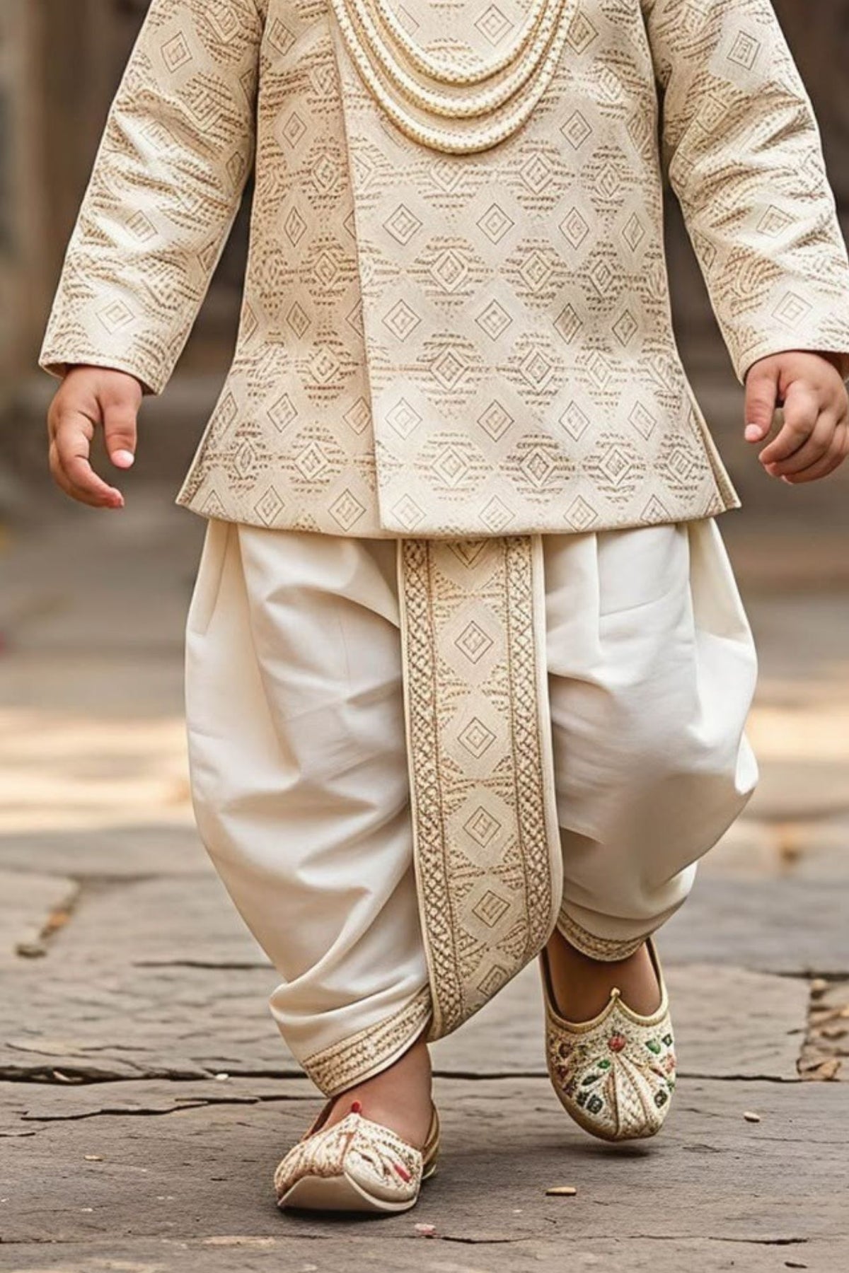 Royal Boys Ivory Gold Woven Sherwani Dhoti Set With Sequin Embroidey