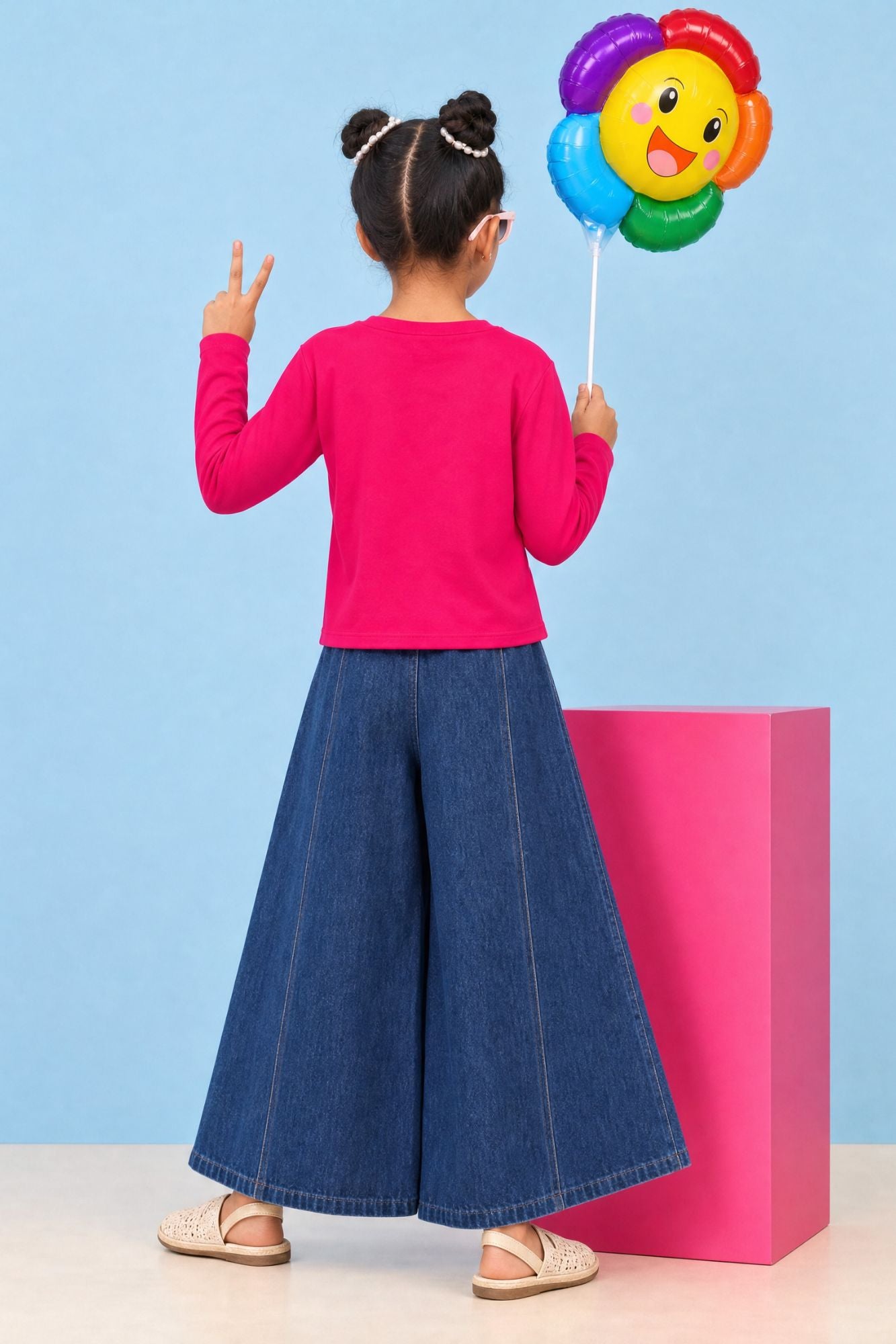 Girls Pink Top With Decorative Bow Detailed  Blue Wide Leg Pant Set