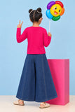 Girls Pink Top With Decorative Bow Detailed  Blue Wide Leg Pant Set