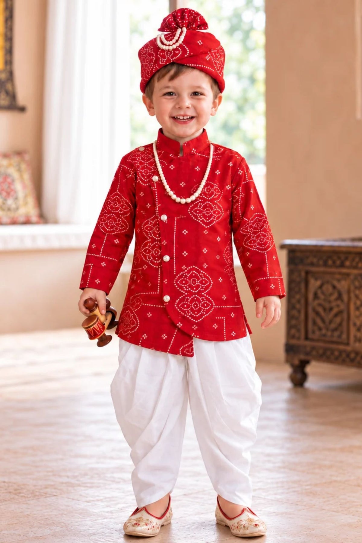 Boys Elegant Red Bandhani-Style Dhoti Set