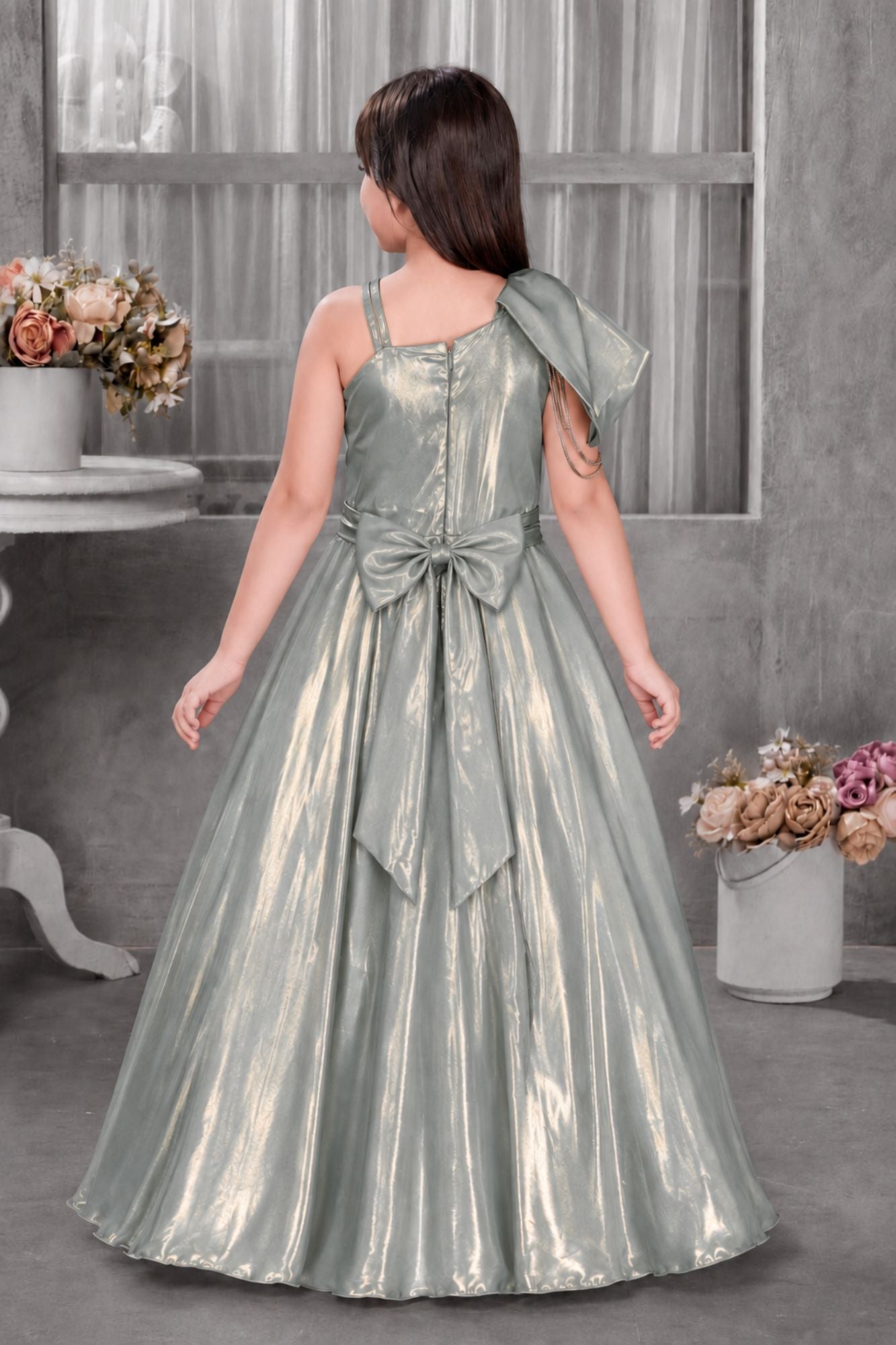 Shimmery Sage Green One-Shoulder Party Wear Gown With Draped Detail For Girls