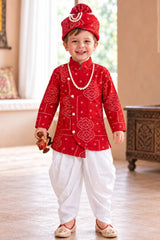 Boys Elegant Red Bandhani-Style Dhoti Set
