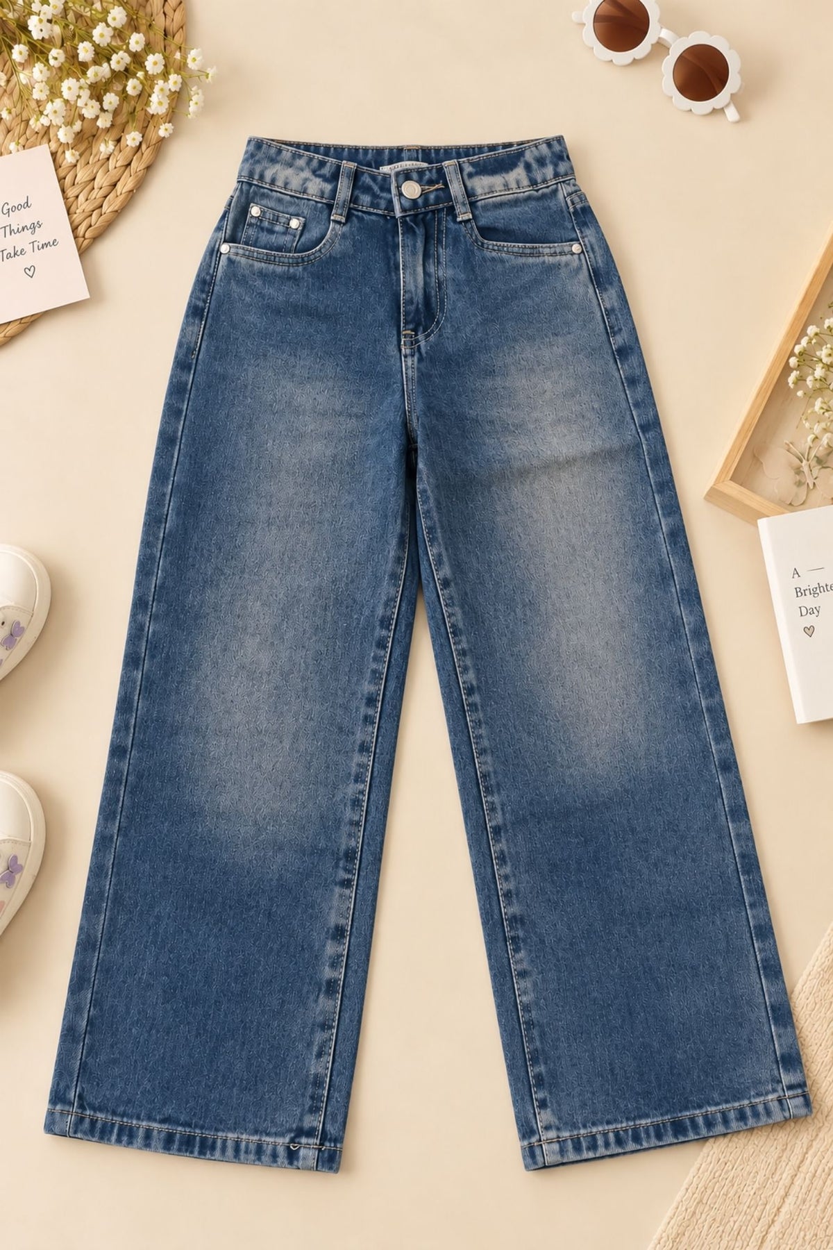 Girls Slate Blue Faded Wash Straight Fit Denim Jeans