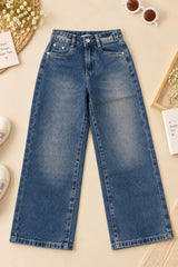 Girls Slate Blue Faded Wash Straight Fit Denim Jeans