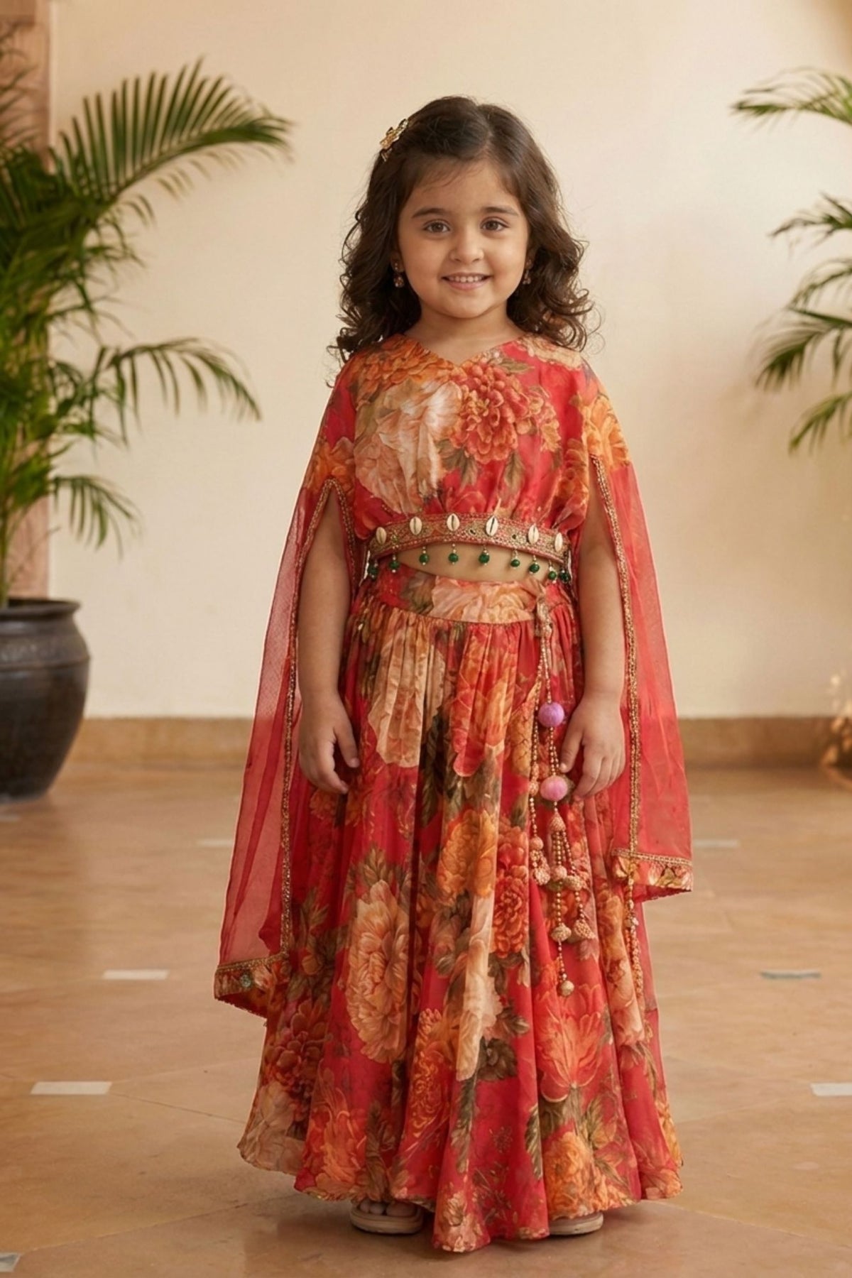 Coral Pink Floral Printed Cape Style Lehenga Choli