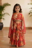 Coral Pink Floral Printed Cape Style Lehenga Choli