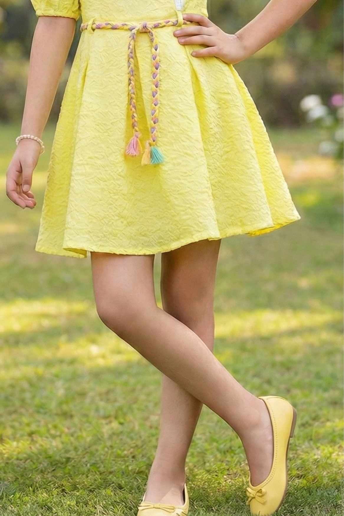 Lemon Yellow Puff Sleeve Casual Frock with Rainbow Belt & 3D Floral Appliqué For Girls
