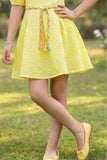 Lemon Yellow Puff Sleeve Casual Frock with Rainbow Belt & 3D Floral Appliqué For Girls