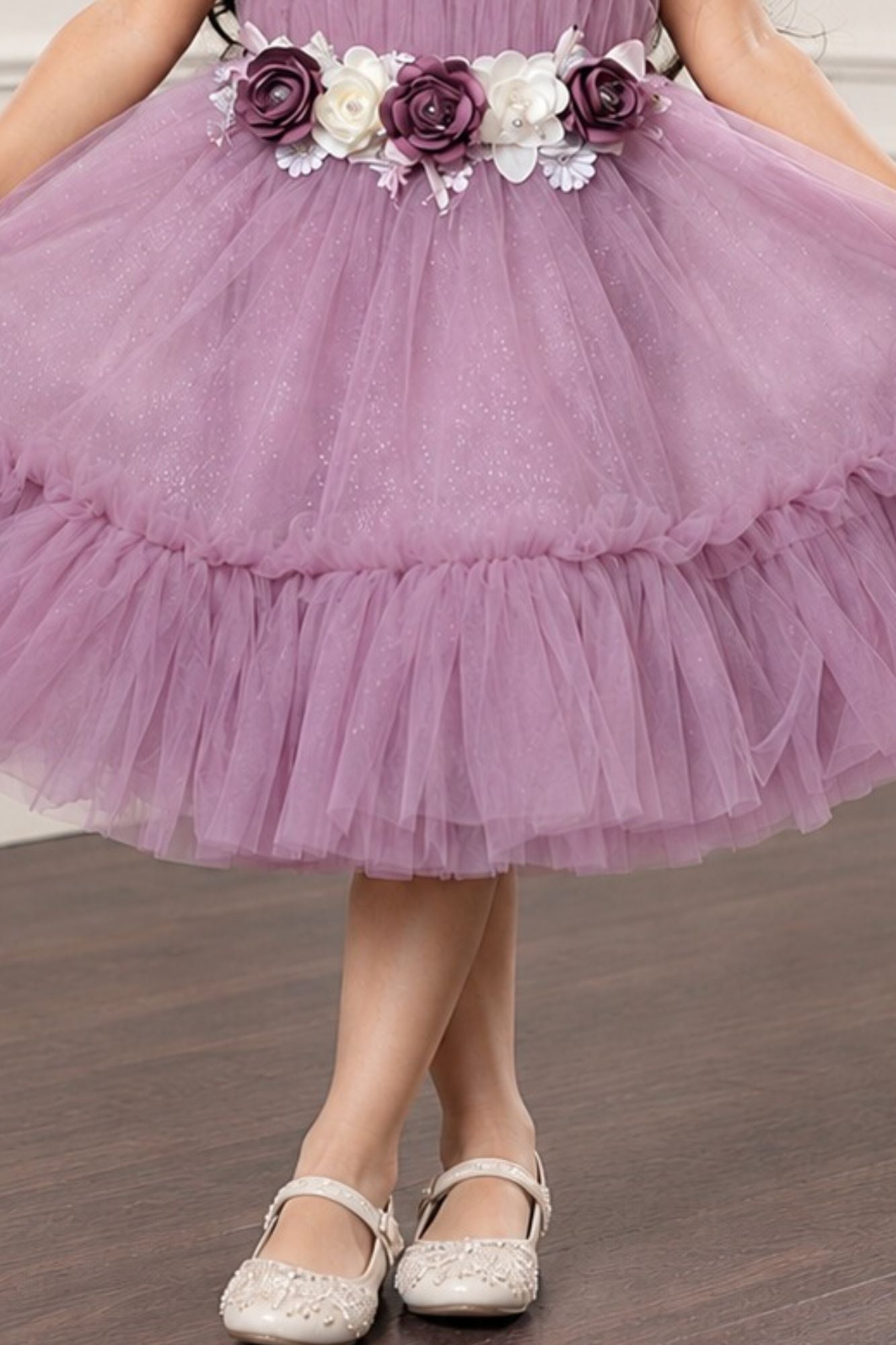 Girls Onion Pink Floral Tulle Party Wear Frock