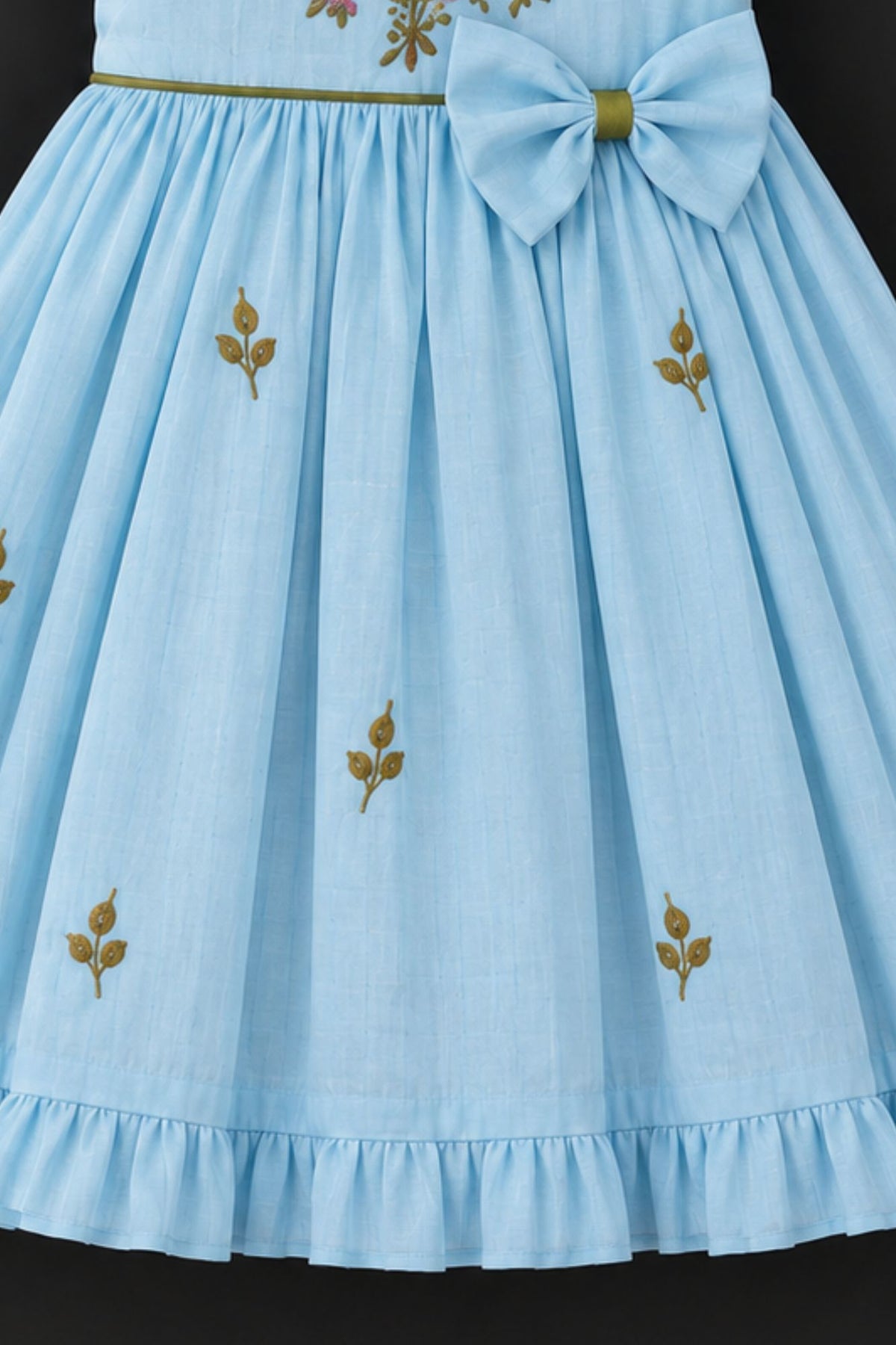 Sky Blue Floral Embroidered Ruffle Sleeve Flared Dress For Girls