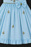 Sky Blue Floral Embroidered Ruffle Sleeve Flared Dress For Girls